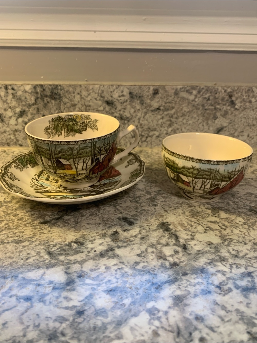 Friendly Village Johnson Bros Porcelain Teacup, Saucer & Sugar Bowl